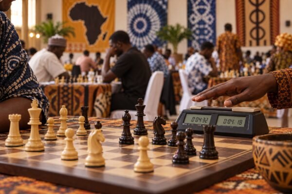 A player's hand hovers over a digital chess clock beside a tense middlegame, with the clock and pieces sharp in the foreground and a busy Nigerian.