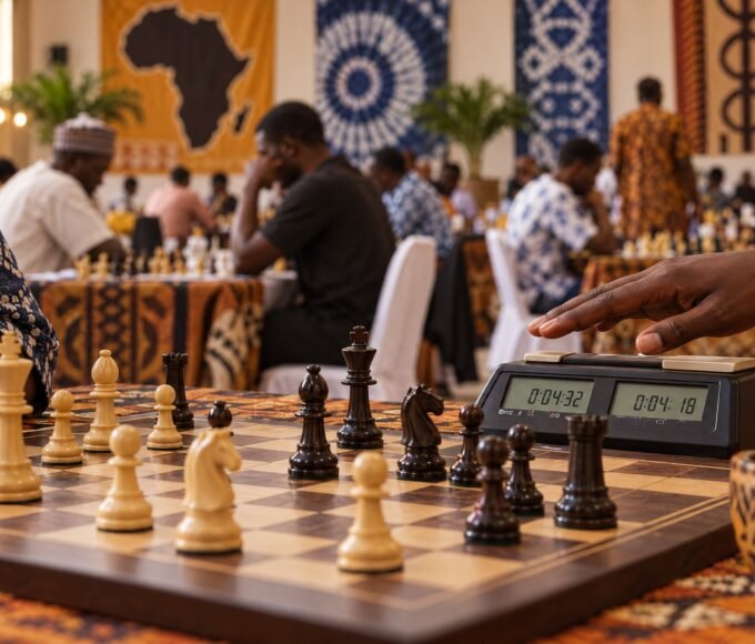 A player's hand hovers over a digital chess clock beside a tense middlegame, with the clock and pieces sharp in the foreground and a busy Nigerian.