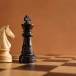 A photographic chessboard showing a white knight near a black king in warm natural light, with an African design sensibility, an uncluttered plain.