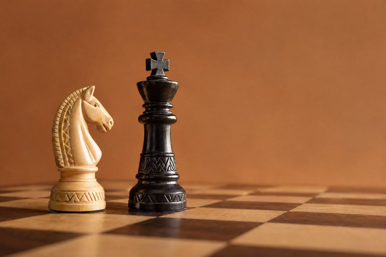 A photographic chessboard showing a white knight near a black king in warm natural light, with an African design sensibility, an uncluttered plain.