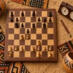 An overhead flat-lay of a wooden chessboard paused in a tense middlegame, a chess clock and pencil beside it, surrounded by African textile patterns,.