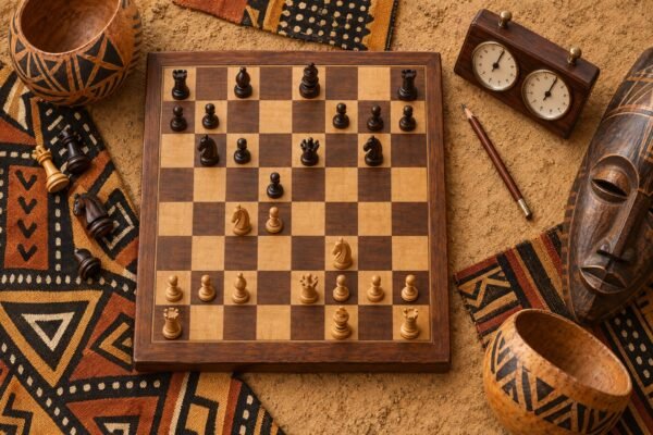 An overhead flat-lay of a wooden chessboard paused in a tense middlegame, a chess clock and pencil beside it, surrounded by African textile patterns,.