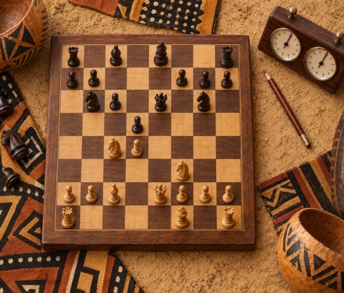 An overhead flat-lay of a wooden chessboard paused in a tense middlegame, a chess clock and pencil beside it, surrounded by African textile patterns,.