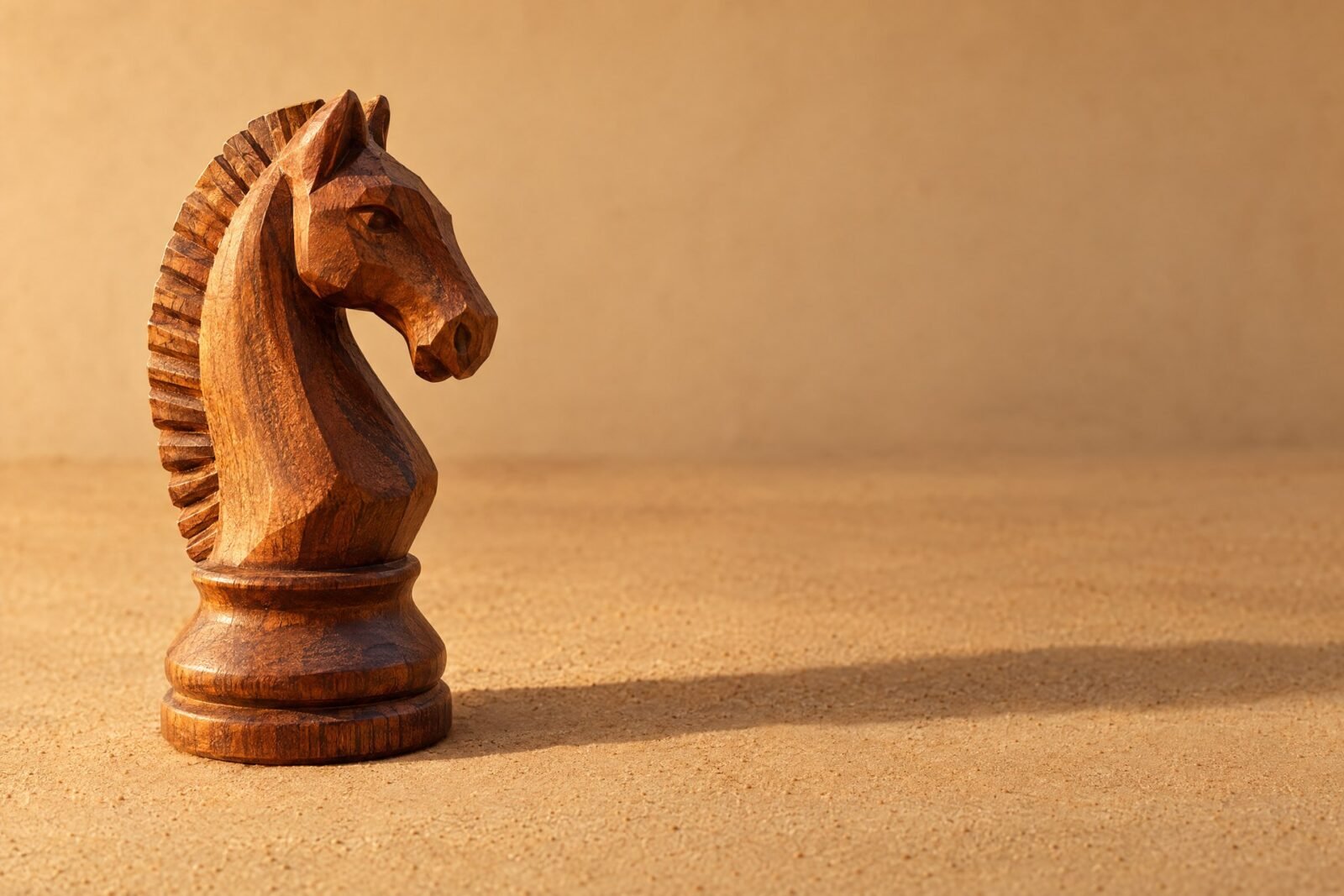 A hand-carved wooden chess knight standing on a plain sand-coloured surface, warm directional light from the left, a soft long shadow, and plenty of.