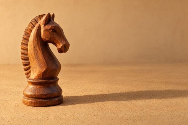 A hand-carved wooden chess knight standing on a plain sand-coloured surface, warm directional light from the left, a soft long shadow, and plenty of.