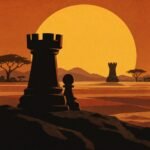 A bold poster-style illustration of a lone rook shielding a pawn before a distant opposing rook, dark silhouettes against a large amber disc, framed.