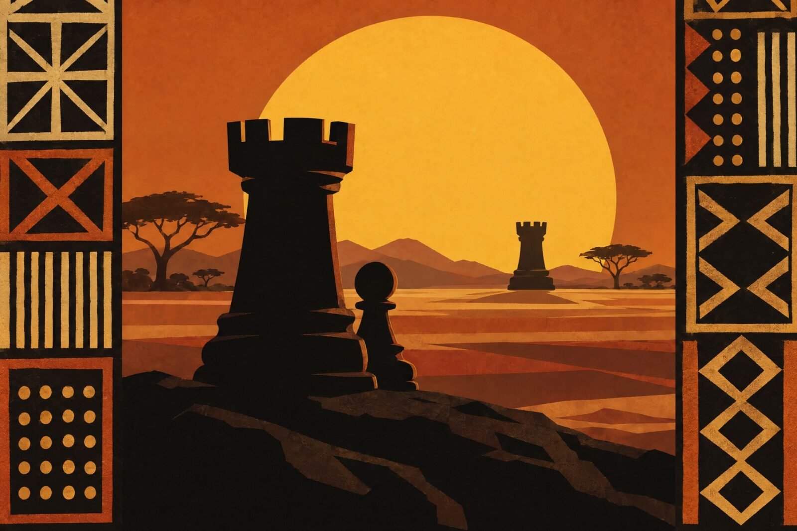 A bold poster-style illustration of a lone rook shielding a pawn before a distant opposing rook, dark silhouettes against a large amber disc, framed.