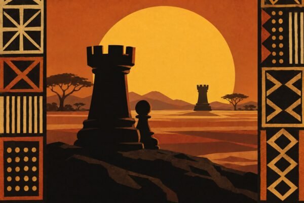 A bold poster-style illustration of a lone rook shielding a pawn before a distant opposing rook, dark silhouettes against a large amber disc, framed.