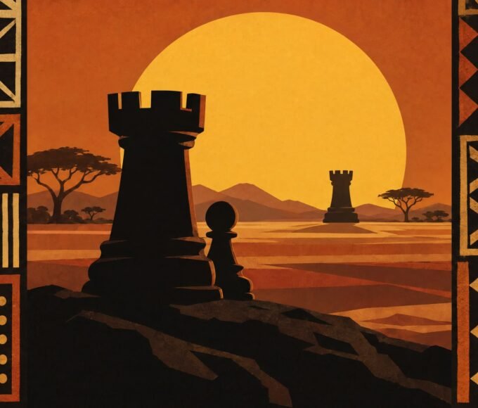 A bold poster-style illustration of a lone rook shielding a pawn before a distant opposing rook, dark silhouettes against a large amber disc, framed.