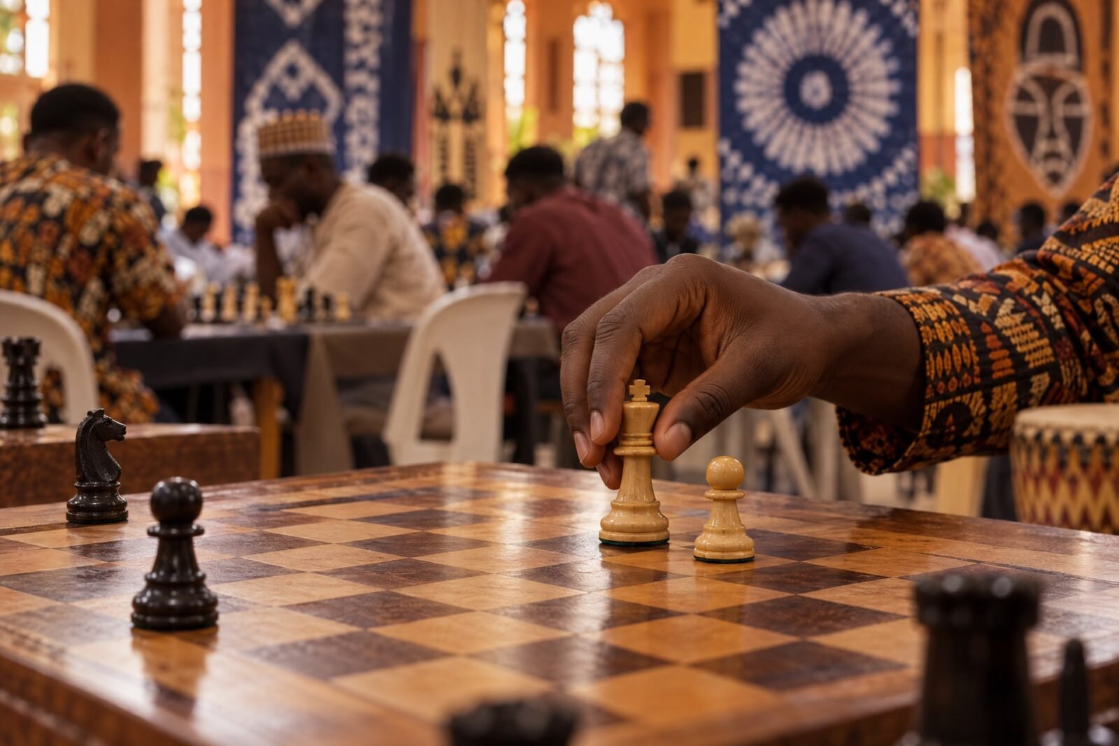 A chess player’s hand carefully guides a king beside a lone passed pawn on a wooden board in a busy Nigerian chess hall, with out-of-focus players.
