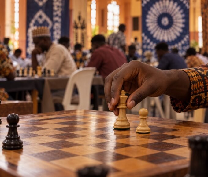 A chess player’s hand carefully guides a king beside a lone passed pawn on a wooden board in a busy Nigerian chess hall, with out-of-focus players.