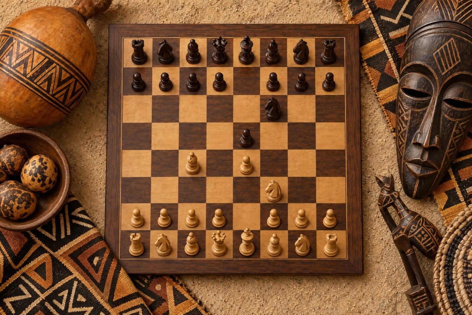 An overhead flat-lay photograph of a wooden chessboard set in an Italian Game position, surrounded by African textile patterns, carved wooden chess.