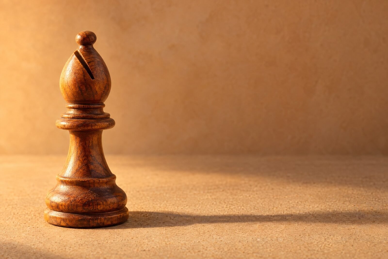 A hand-carved wooden chess bishop standing on a plain sand-coloured surface, warm directional light from the left, a soft long shadow, and plenty of.