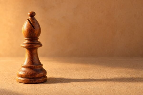 A hand-carved wooden chess bishop standing on a plain sand-coloured surface, warm directional light from the left, a soft long shadow, and plenty of.