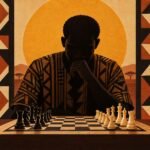A focused chess player shown as a dark silhouette behind a sharply divided chessboard, set against a large amber disc and framed by geometric.