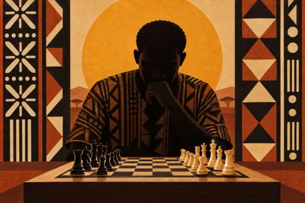 A focused chess player shown as a dark silhouette behind a sharply divided chessboard, set against a large amber disc and framed by geometric.