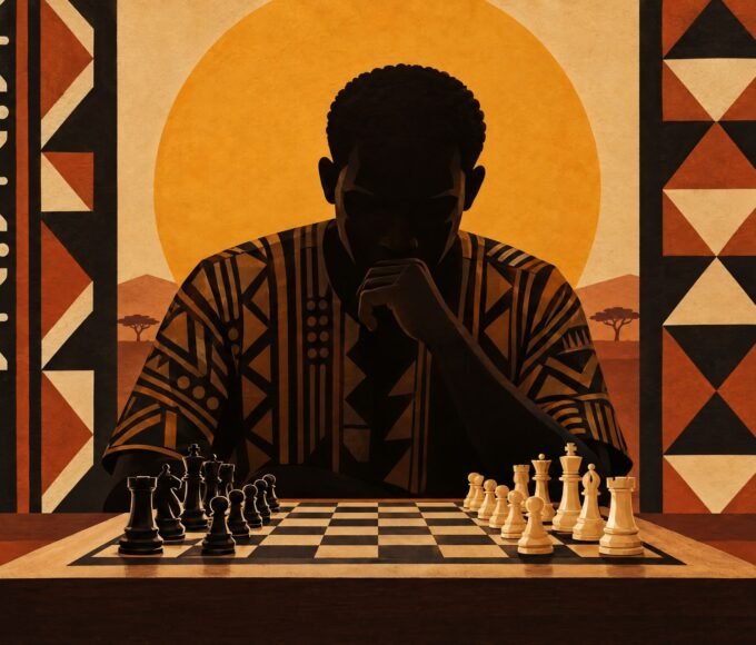 A focused chess player shown as a dark silhouette behind a sharply divided chessboard, set against a large amber disc and framed by geometric.