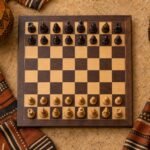 An overhead flat-lay photograph of a correctly arranged tournament chessboard with contrasting wooden pieces, surrounded by African textile patterns,.
