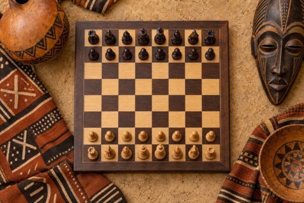 An overhead flat-lay photograph of a correctly arranged tournament chessboard with contrasting wooden pieces, surrounded by African textile patterns,.