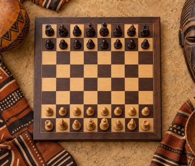 An overhead flat-lay photograph of a correctly arranged tournament chessboard with contrasting wooden pieces, surrounded by African textile patterns,.