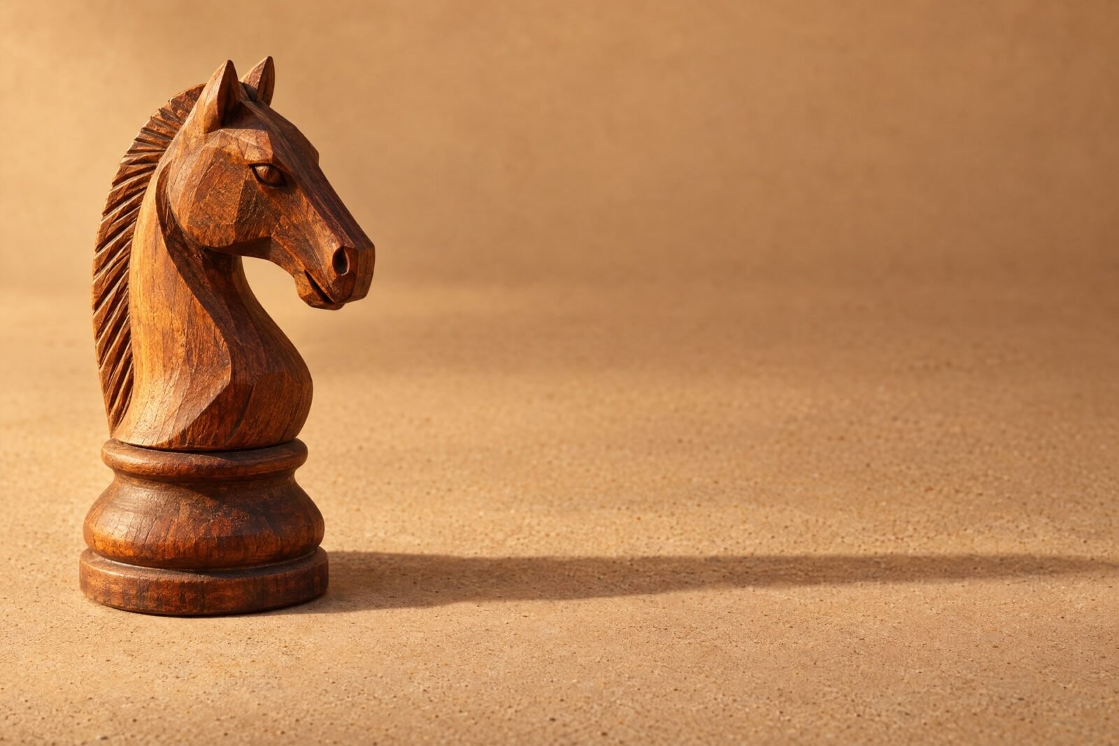 A hand-carved wooden chess knight standing on a plain sand-coloured surface, warm directional light from the left, a soft long shadow and plenty of.
