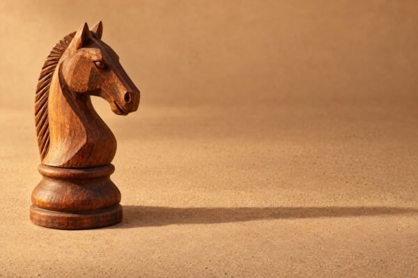 A hand-carved wooden chess knight standing on a plain sand-coloured surface, warm directional light from the left, a soft long shadow and plenty of.