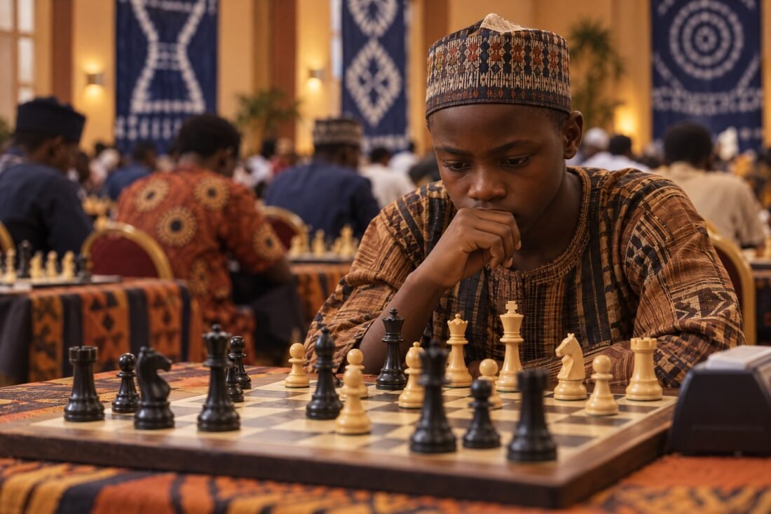 A young Nigerian chess player studies a tense middlegame at board level in a busy tournament hall, with the subject sharp in the foreground,.