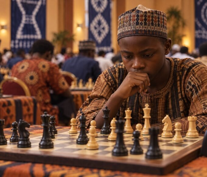 A young Nigerian chess player studies a tense middlegame at board level in a busy tournament hall, with the subject sharp in the foreground,.