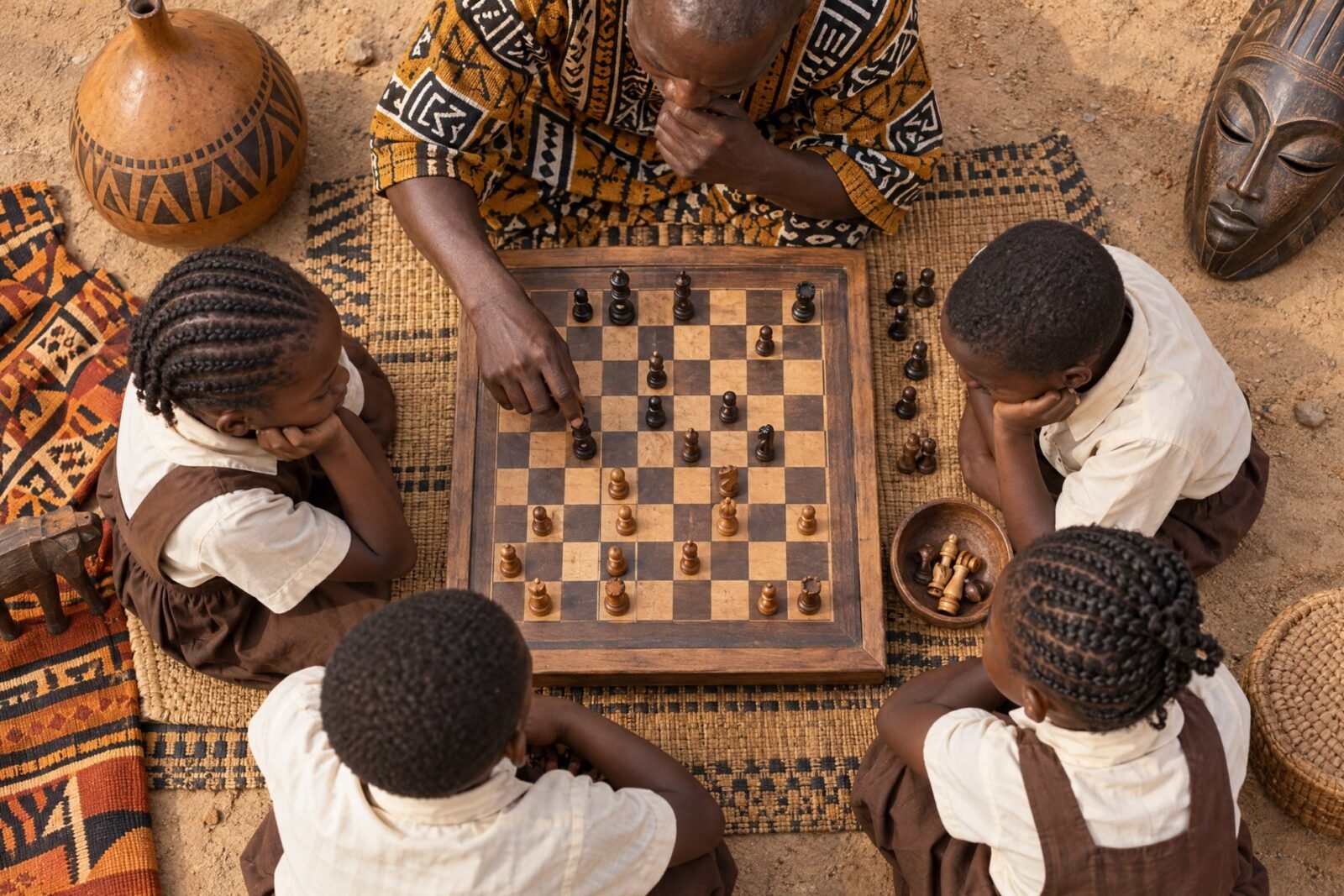An overhead flat-lay photograph of a primary-school chess lesson in Africa, with a wooden board and hands considering a position, surrounded by.