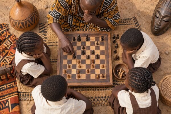 An overhead flat-lay photograph of a primary-school chess lesson in Africa, with a wooden board and hands considering a position, surrounded by.