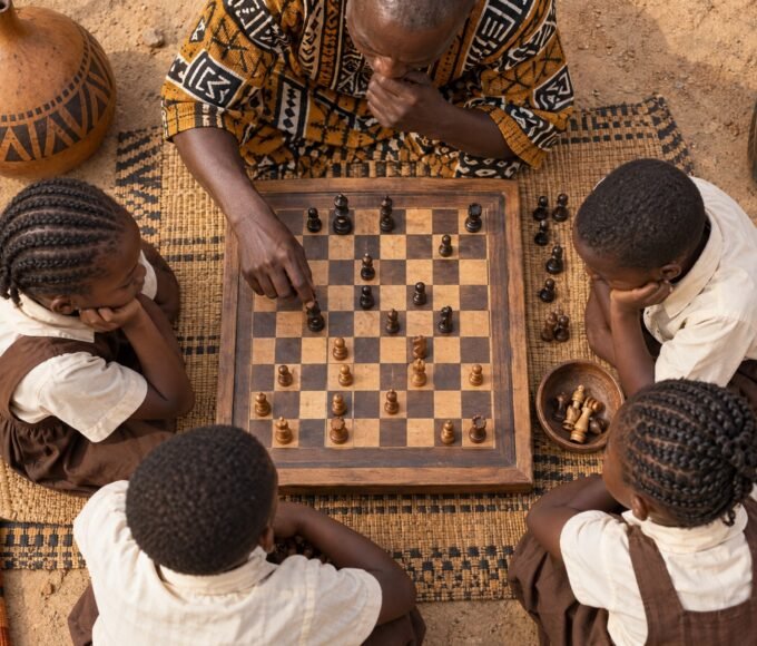An overhead flat-lay photograph of a primary-school chess lesson in Africa, with a wooden board and hands considering a position, surrounded by.