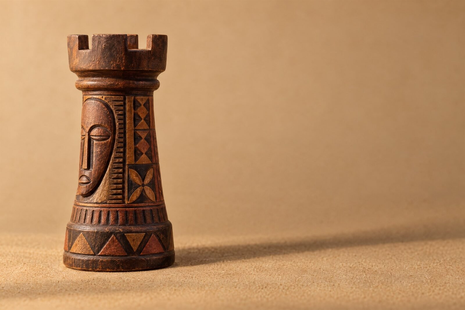 A hand-carved wooden chess rook decorated with Nok-inspired geometric carving, standing on a warm sand-coloured surface