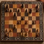 Overhead view of a chessboard whose squares are woven African textile patterns, with carved wooden pieces mid-game