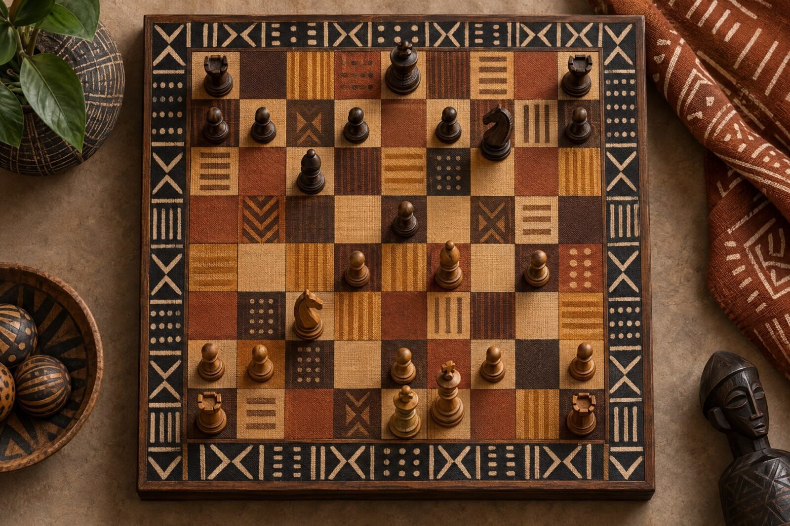 Overhead view of a chessboard whose squares are woven African textile patterns, with carved wooden pieces mid-game