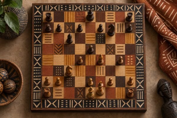 Overhead view of a chessboard whose squares are woven African textile patterns, with carved wooden pieces mid-game