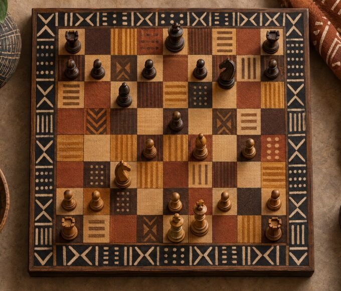 Overhead view of a chessboard whose squares are woven African textile patterns, with carved wooden pieces mid-game
