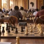 Two players' hands reaching over a chessboard mid-game in a crowded, sunlit tournament hall in Africa