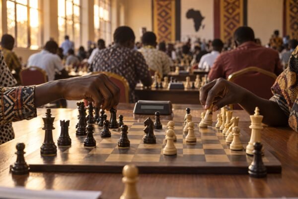 Two players' hands reaching over a chessboard mid-game in a crowded, sunlit tournament hall in Africa