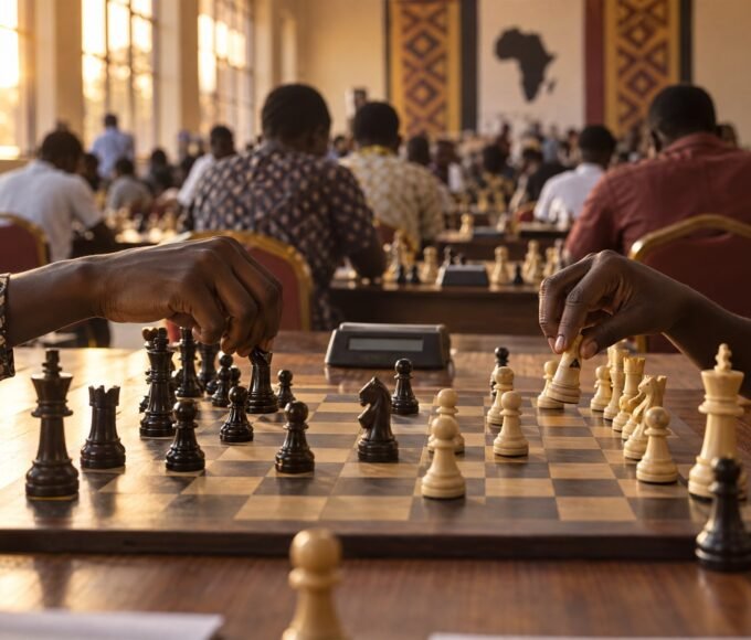 Two players' hands reaching over a chessboard mid-game in a crowded, sunlit tournament hall in Africa