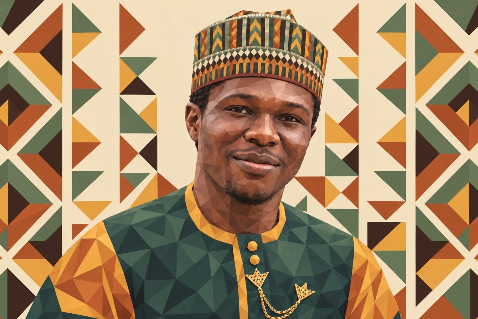 Low-poly illustration of Inalegwu Samuel Oche in a Yoruba fila cap